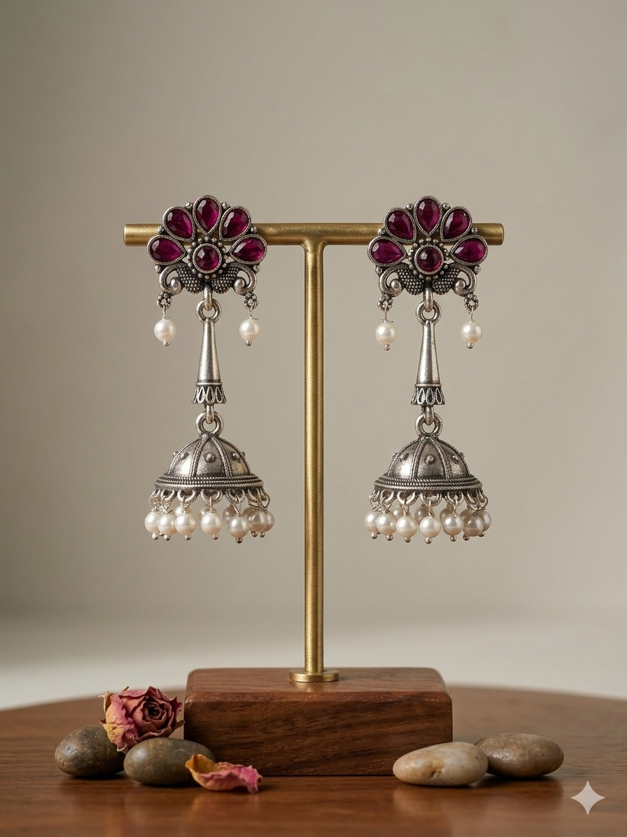 Lavanya Jhumka Silver - Pink