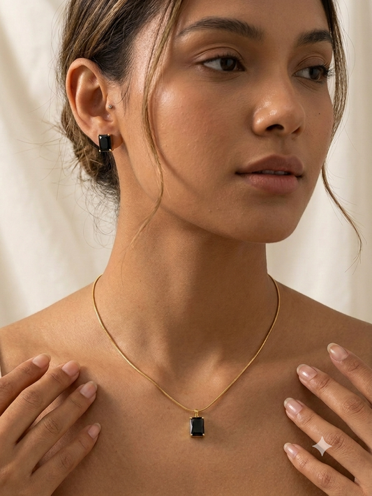 Black Square Stone Neckset with Earrings