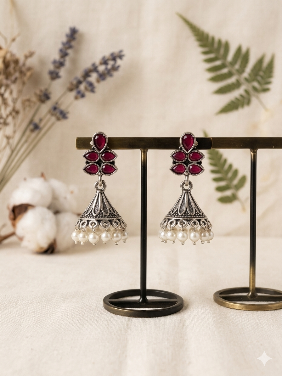 Lotus Drop Jhumka - Ruby