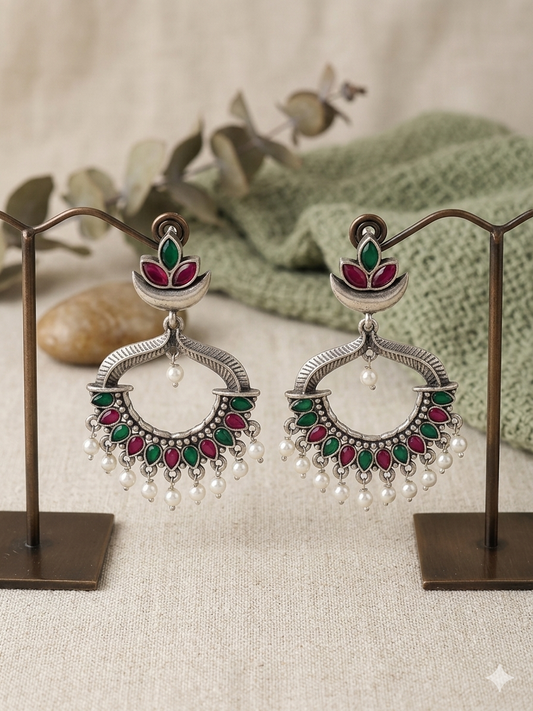 Chandrika Silver Jhumka Red & Green
