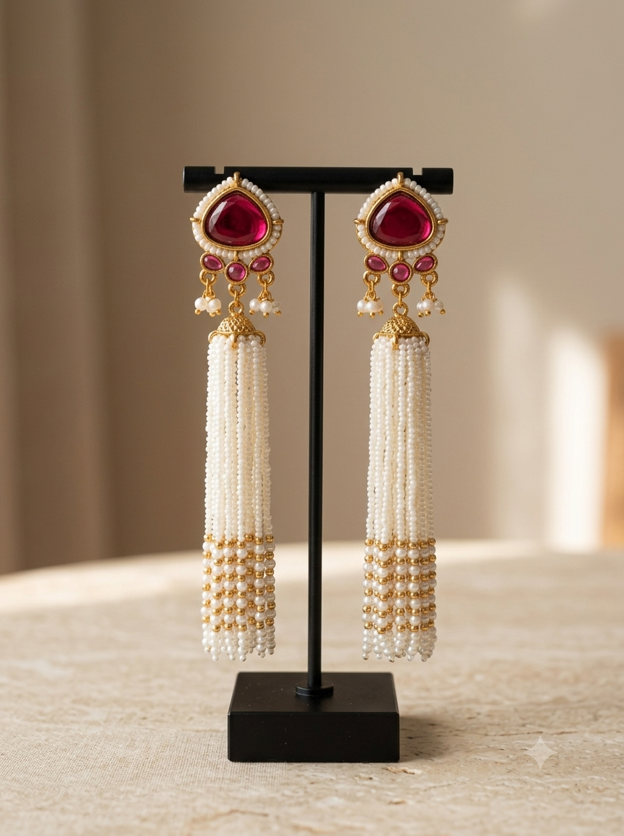 Manikya Mala Long Jhumka - Rani Pink