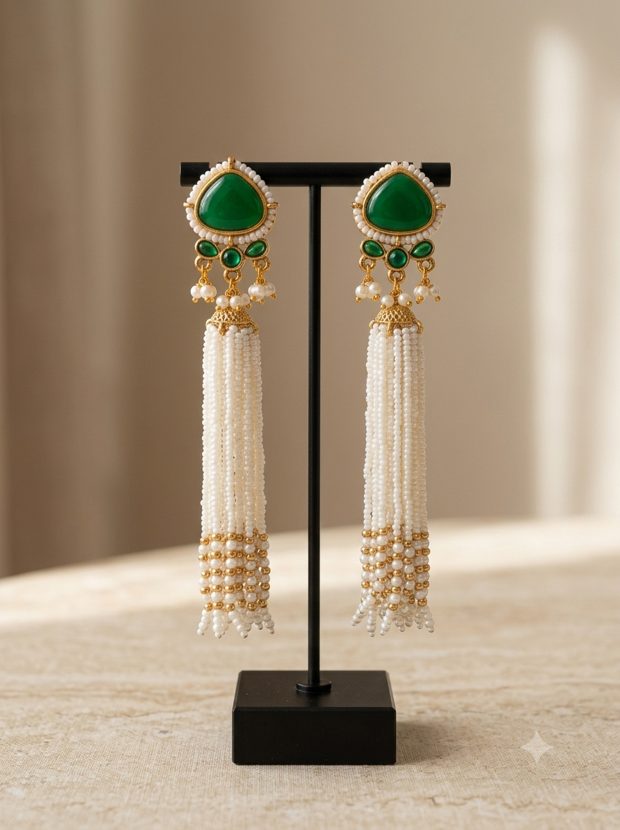 Manikya Mala Long Jhumka - Green