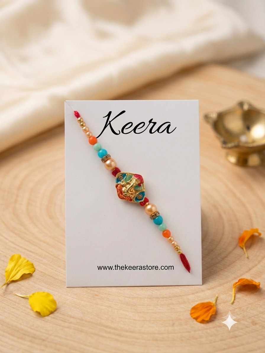 Ganpati Multi Stone Red Dori Rakhi