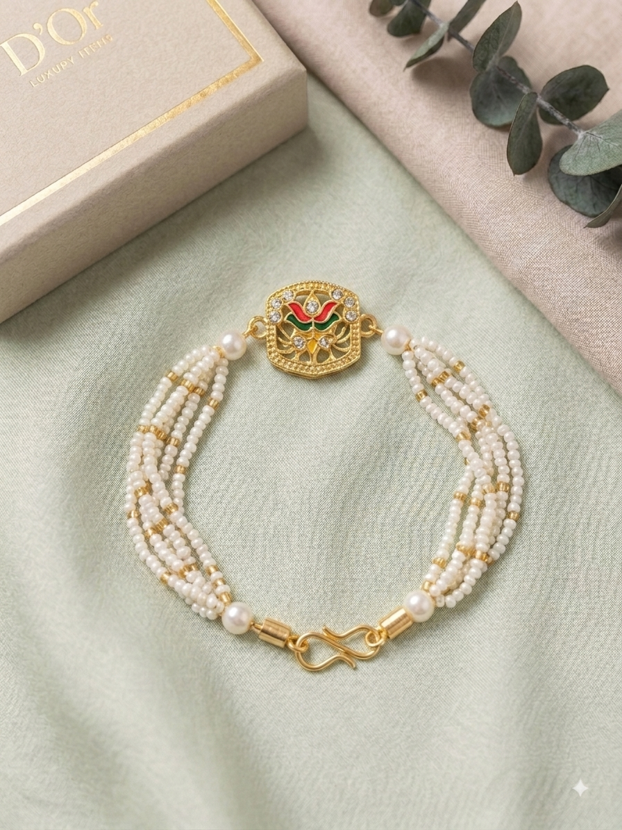 Lotus Meenakari Pearl Bracelet Rakhi
