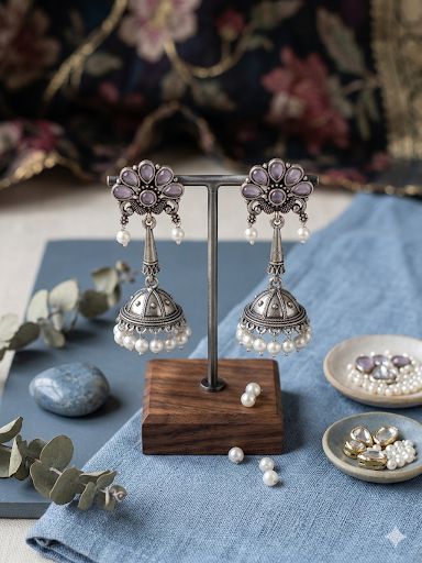 Lavanya Jhumka Silver - Pastel Pink
