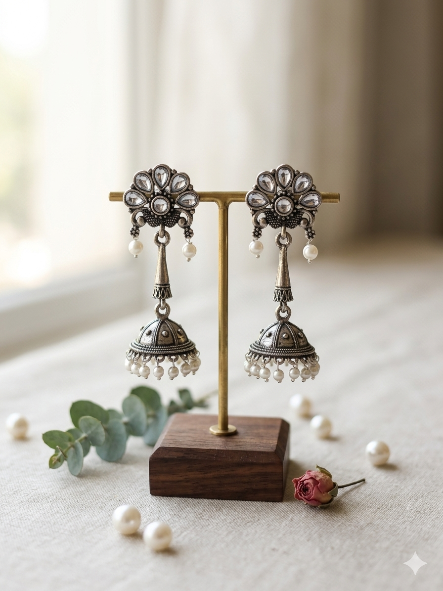 Lavanya Jhumka Silver - White