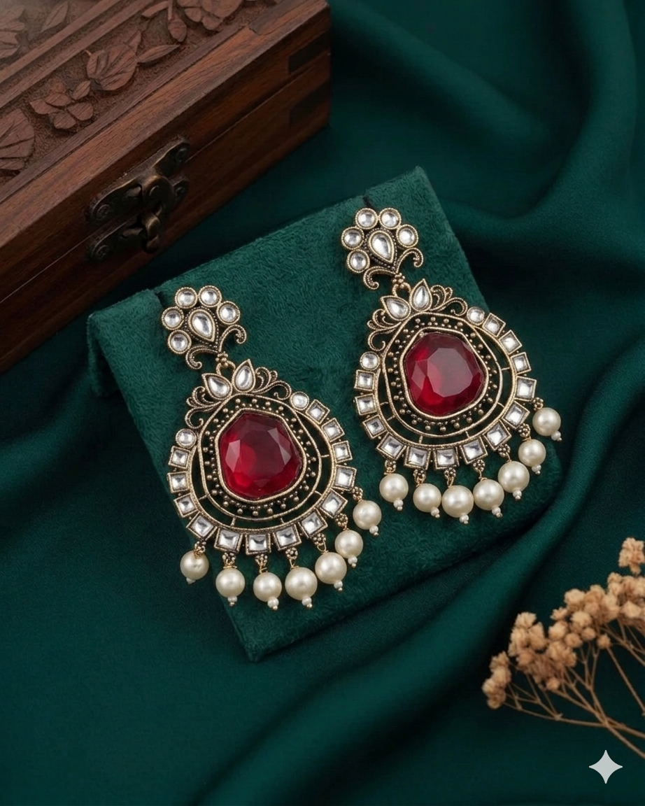 Jiya Kundan Red Earring