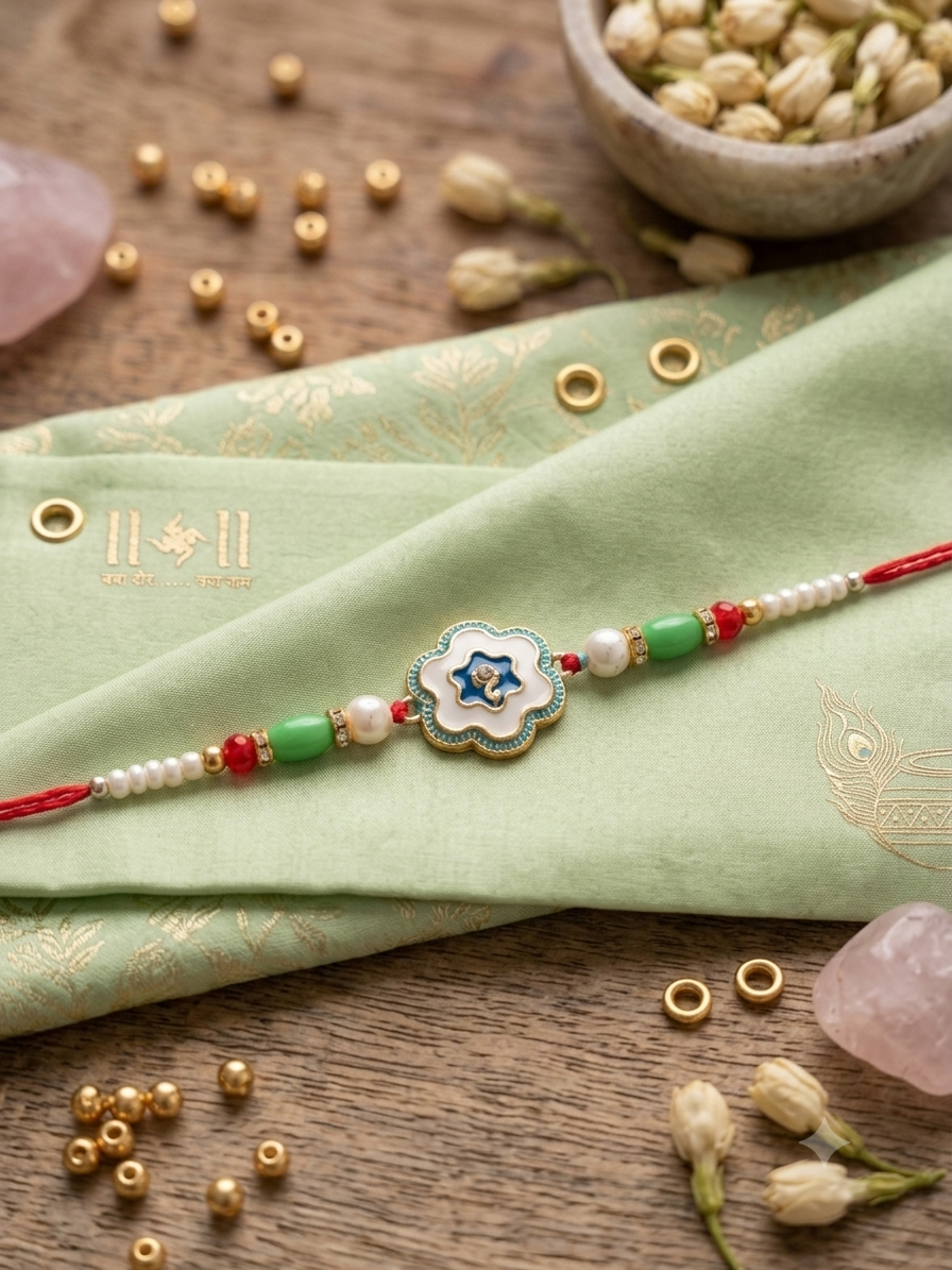 Pearl Flower Enamel Rakhi. Set of 2