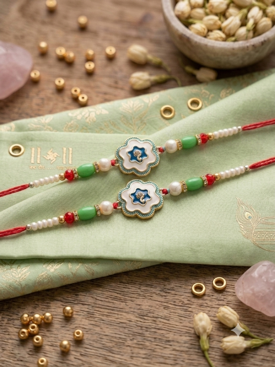 Pearl Flower Enamel Rakhi. Set of 2