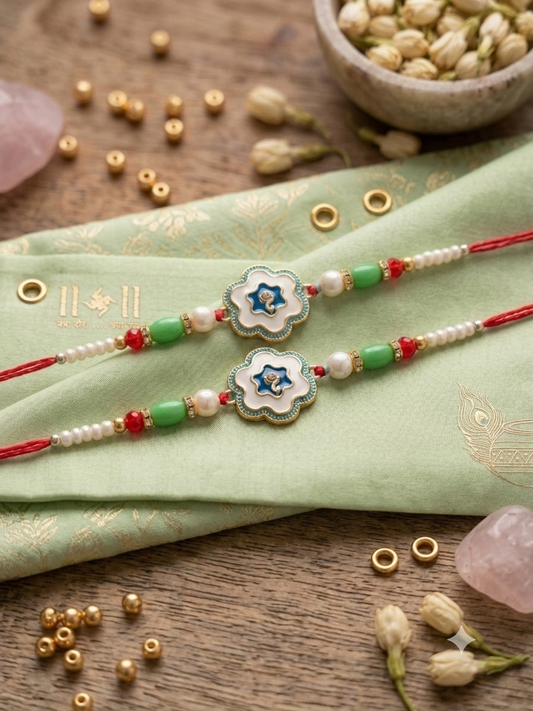 Pearl Flower Enamel Rakhi. Set of 2