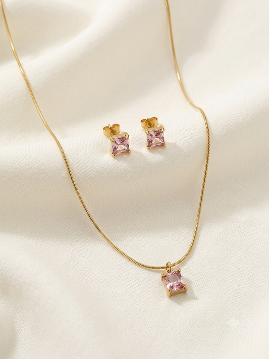Pink Square Stone Neckset with Earrings