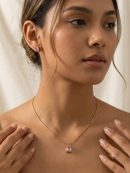 Pink Square Stone Neckset with Earrings