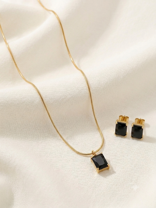 Black Square Stone Neckset with Earrings