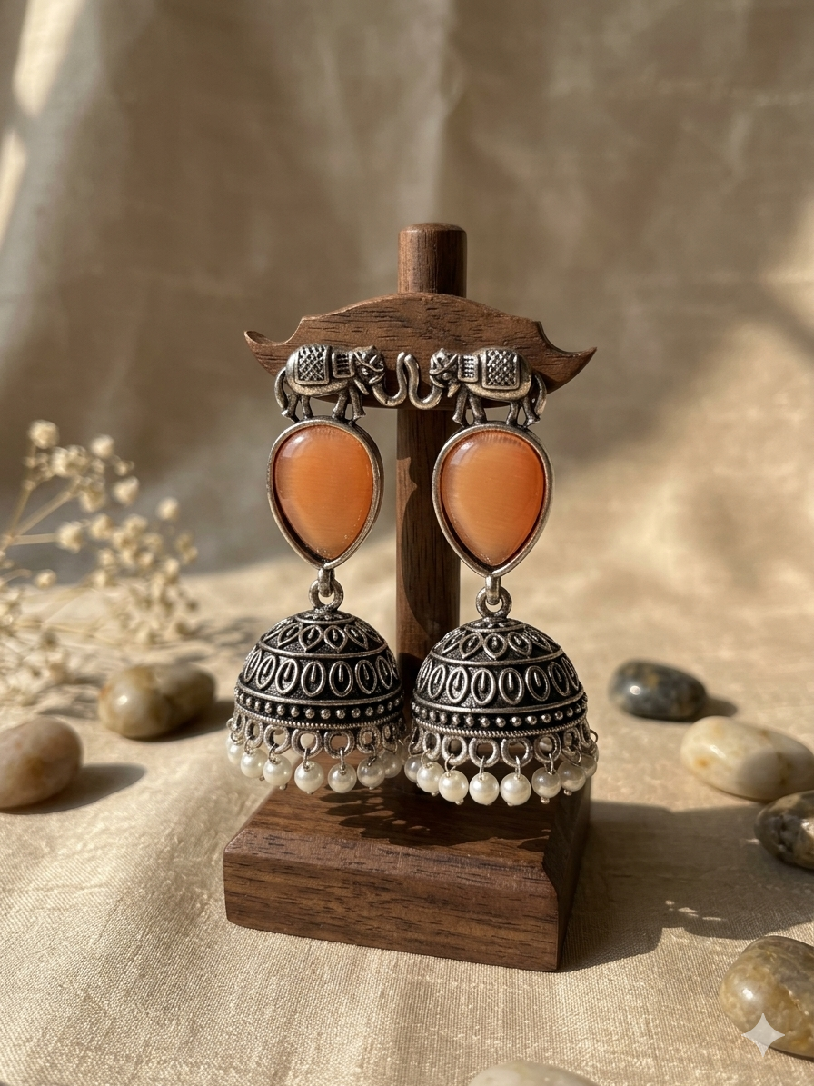 Gajraj Jhumka Silver - Orange