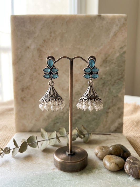 Lotus Drop Jhumka - Blue