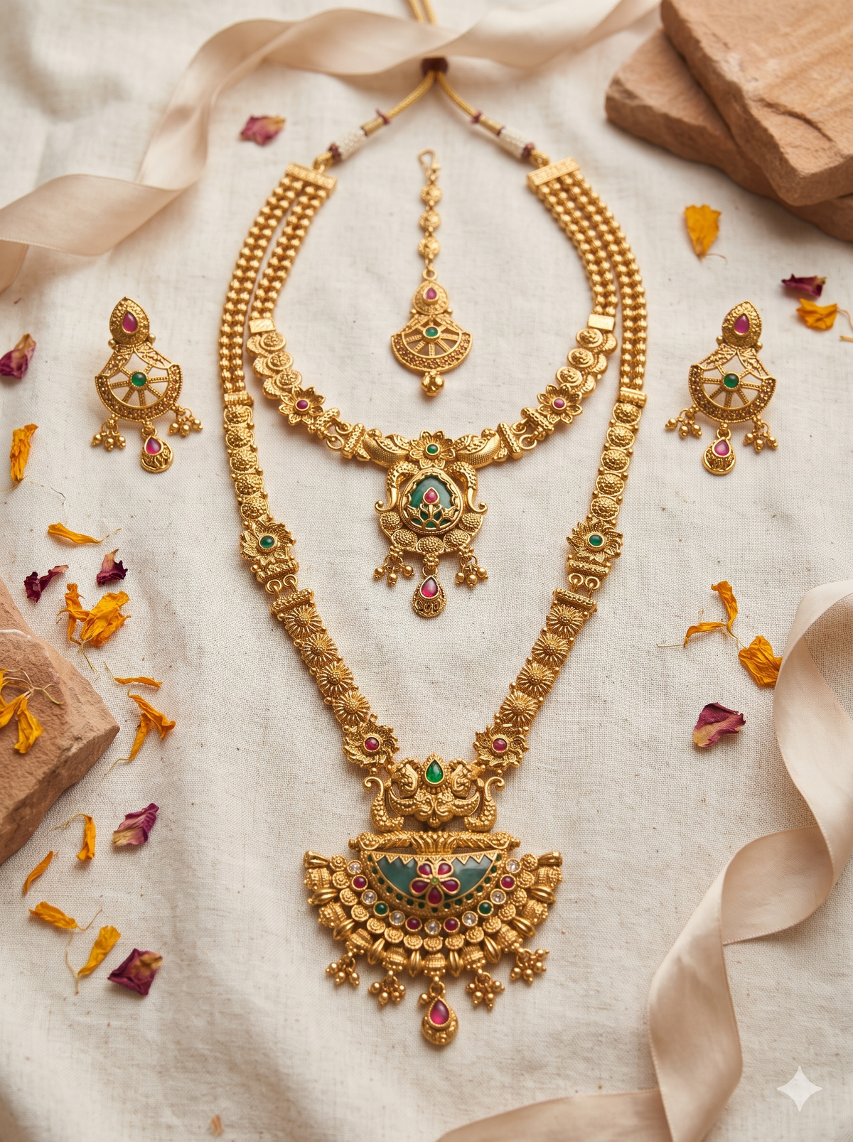 Manikarnika Temple Set (Choker, Neckset, Earrings, Mangtika)